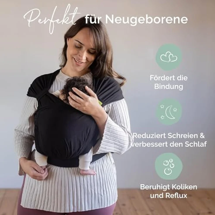 Boba Bliss Babytrage Neugeborene ab Geburt bis 15 kg - 2-in-1 Baby Carrier & Baby Tragetuch Ohne Binden & Knoten, Hüftfreundliche Babytrage ab Geburt, Weiche & elastische Baby Trage (Schwarz) – Bild 4