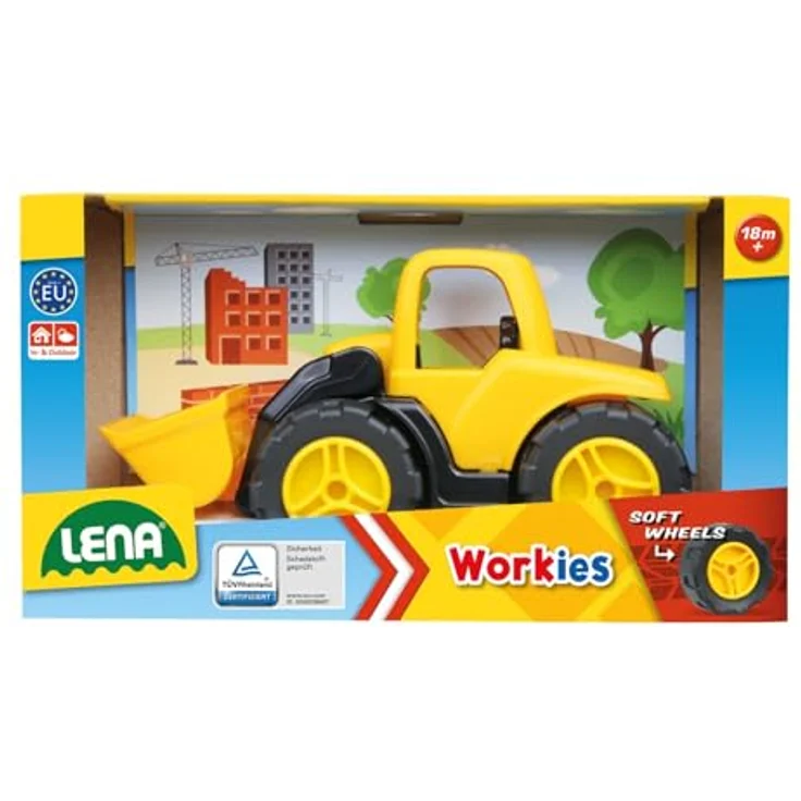 Lena 1262 Workies Schaufellader 14 cm, Baufahrzeug aus ABS Kunststoff, mit bewegbarer Schaufel, Gummi-Reifen, Stahl-Achsen - Gelb, Schwarz – Bild 2
