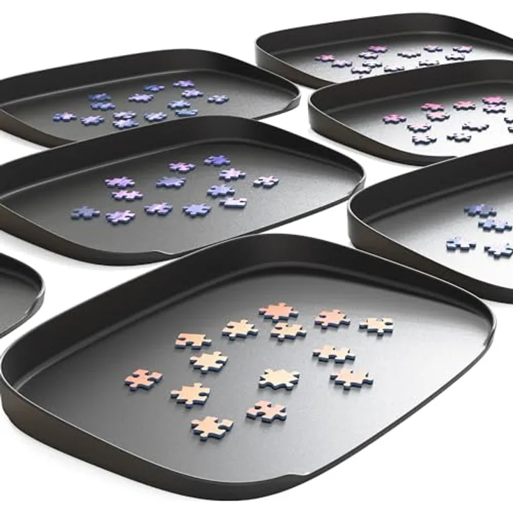 Puzzlup Stapelbare Puzzle Sortierschalen, Premium Sortierer Set aus 6 Schalen für bis zu 1500 Teile mit Offenem Kanten Design, mattschwarz und Boxdeckelständer