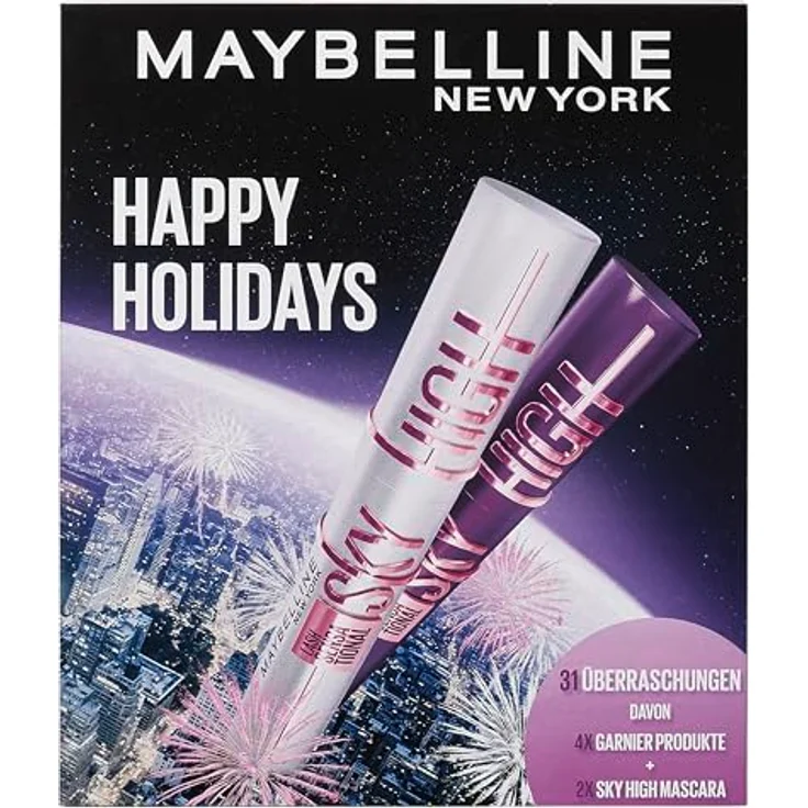 Maybelline New York Adventskalender 2025, 31 Türchen mit 26 Originalprodukten & 5 Goodies, inkl. 2 Sky High Mascara & 4 Garnier Skincare Produkten – Bild 2