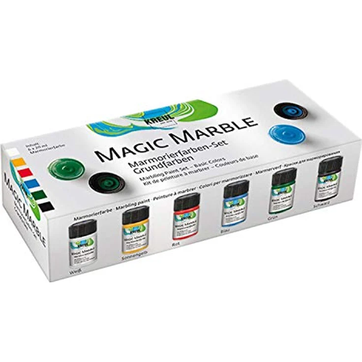 KREUL Magic Marble Marmorierfarbe, Grundfarben Set 6 x 20 ml in weiß, gelb, rot, blau, grün, schwarz, zum Tauchmarmorieren von Holz, Glas, Kunststoff, Papier, Metall und Styropor – Bild 1