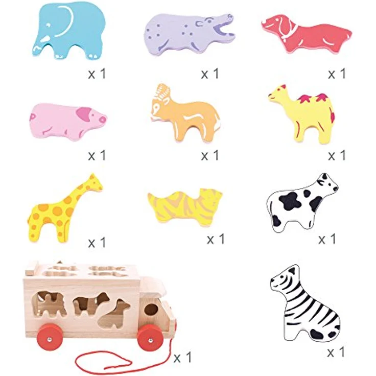Bigjigs Wooden Shape Box Truck, Holzspielzeug mit 10 Tierlöchern und Ziehcord, für Kinder ab 18 Monaten – Bild 10