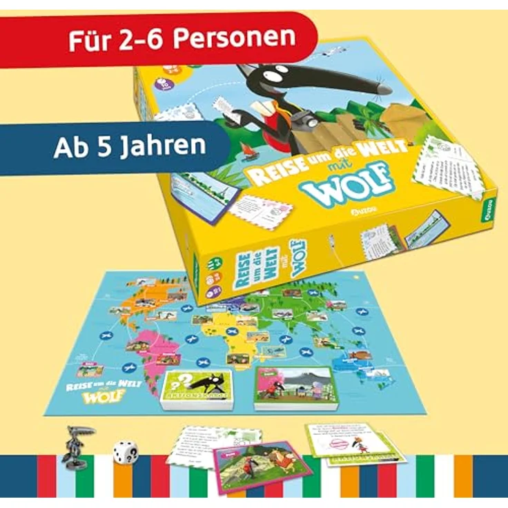 AUZOU Reise um die Welt mit Wolf, Brettspiel ab 5 Jahren, Familienspiel für 2-6 Spieler mit Wolf-Metallfigur und Postkartenversand – Bild 2