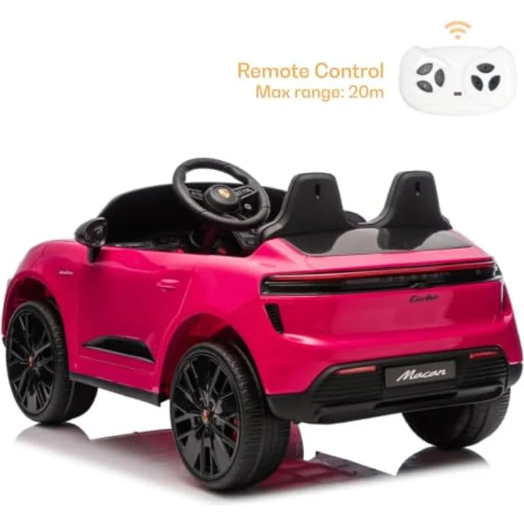 Vrooomy Porsche Macan Turbo Kinder Elektro Auto, 12V mit Fernbedienung, Soft-Start, funktionierende Türen, Bluetooth, EVA-Räder, rosa – Bild 2