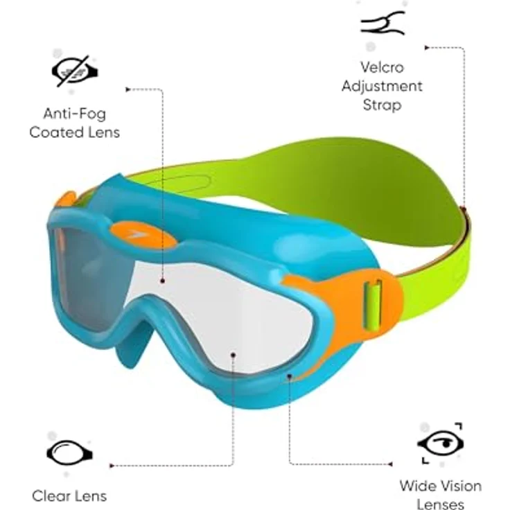 Speedo Biofuse Sea Squad Schwimmmaske, Unisex Kinder mit UV-Schutz, Anti-Beschlag, verstellbarer Passform, Azure Blue/Fluro Green/Fluro Orange, Einheitsgröße – Bild 2