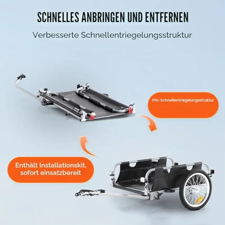 VEVOR Fahrradanhänger CT902B, 45 kg Tragkraft, faltbar, mit Universalkupplung und 41 cm Rädern, sichere Reflektoren, passend für 558,8-711,2 mm Fahrradräder – Bild 5