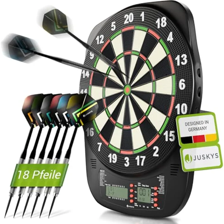 Juskys Elektronische Dartscheibe DART32, 32 Spiele & 359 Varianten, LCD-Display, USB-C, bis zu 8 Spieler, inkl. 18 Pfeilen & Zubehör, Netz- & Batteriebetrieb