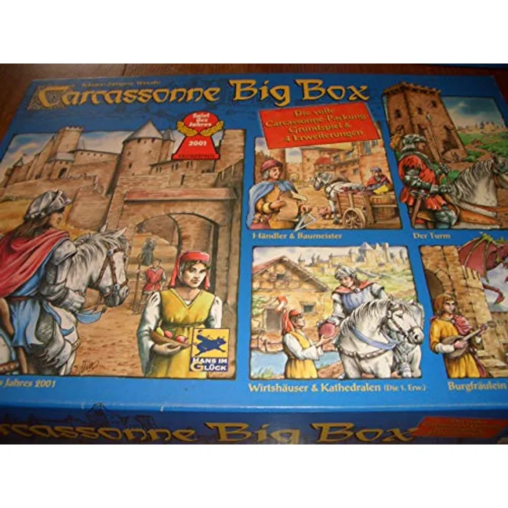 Hans im Glück Carcassonne Big Box 2014, Grundspiel mit Fluss & 4 Erweiterungen, für 8 Spieler in Pink und Violett