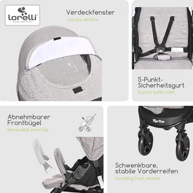 Lorelli Kinderwagen Martina, Leichter Reisebuggy, kompakter Sportsitz bis 15kg, Gummireifen, inkl. Fußsack, bunt – Bild 5