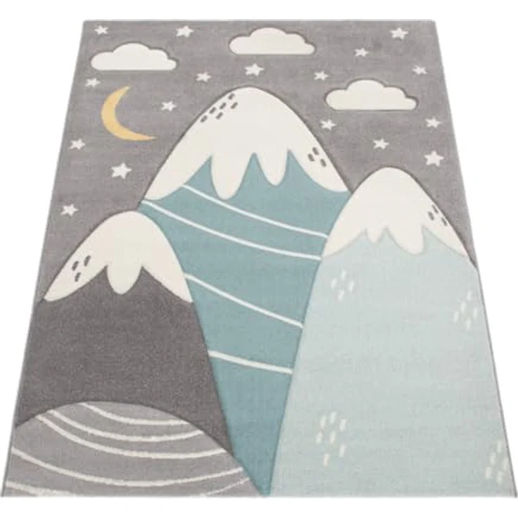 Paco Home Kinderteppich 3D Optik Modern mit Pastellfarben, Berge, Wolken und Sterne, Größe 133 cm Quadrat, 100% Polypropylen, pflegeleicht und schmutzabweisend – Bild 5