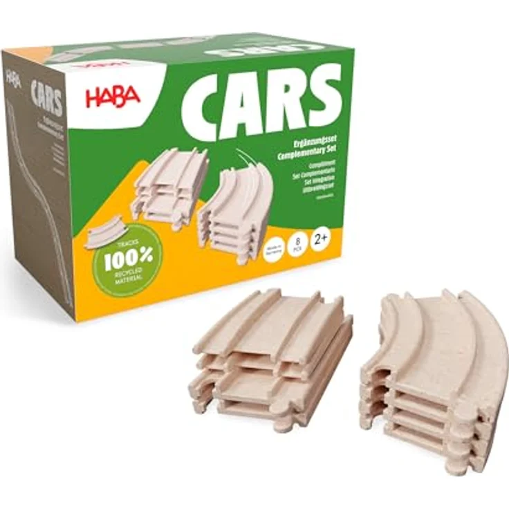 HABA Cars Ergänzungsset – 8 Schienen aus recyceltem Holz und Kunststoff – Extragroße, kinderfreundliche Elemente für Rennbahnen, geeignet ab 2 Jahren – 2011844001 – Bild 1
