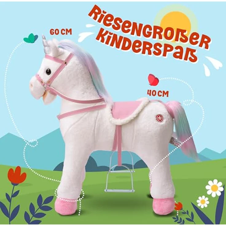Pink Papaya Stehpferd zum draufsitzen | 60cm Spielpferd zum Reiten Rainbow | Pferd zum Reiten für Kinder mit Sound | Sattel Pferd – Bild 4