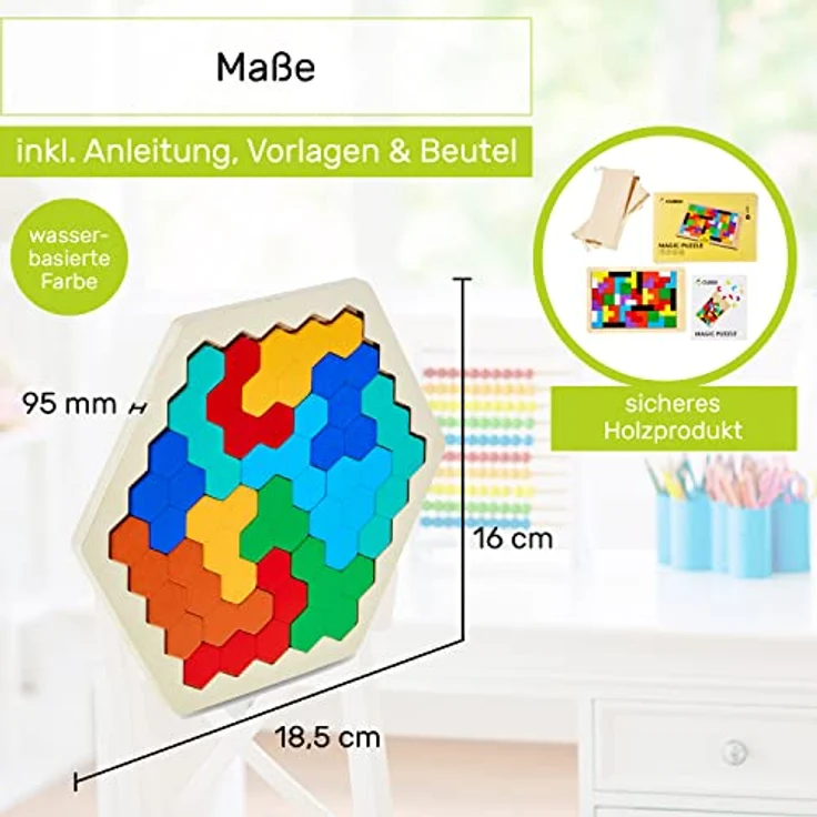 CUBIDI Original Tangram Hexagon | Fördert logisches Denken und räumliche Vorstellungskraft | Geschicklichkeitsspiel aus hochwertigem Holz | Holzspielzeug für Jungen und Mädchen ab 4 Jahren – Bild 2