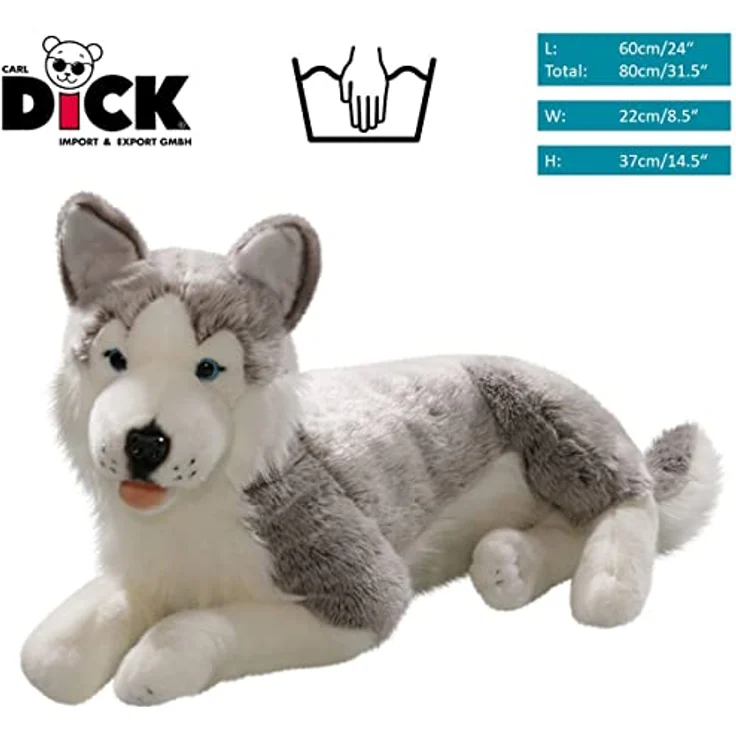 Carl Dick Husky liegend, Hund, Plüschtier, Kuscheltier ca. 60cm 2703, grau-weiß, mit naturgetreuer Optik und blauen Sicherheitsaugen – Bild 2