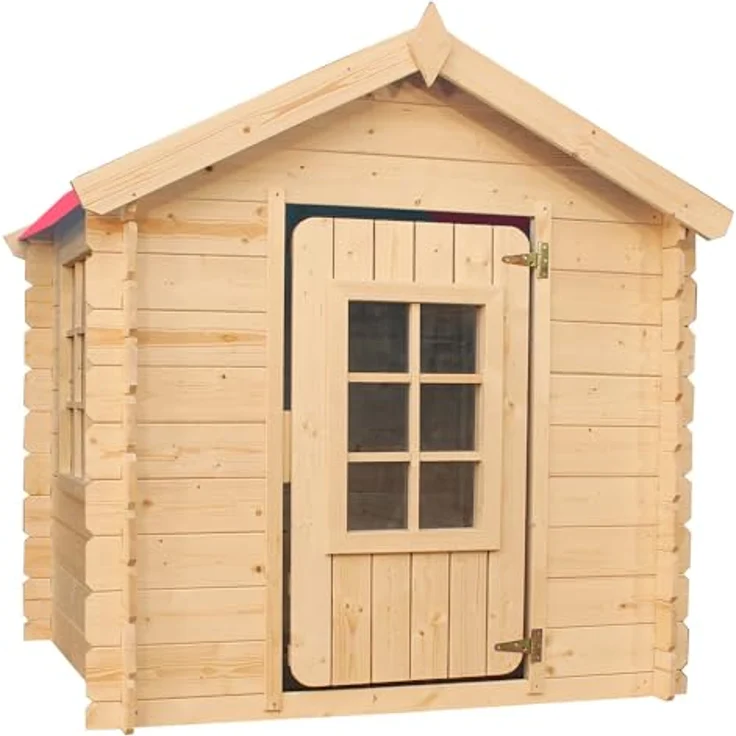 TIMBELA M570R-1 Kinderspielhaus, Holzspielhaus im Freien für Kinder, 111x113xH121 cm, rotes Dach, luftiges Garten-Sommerhaus – Bild 3
