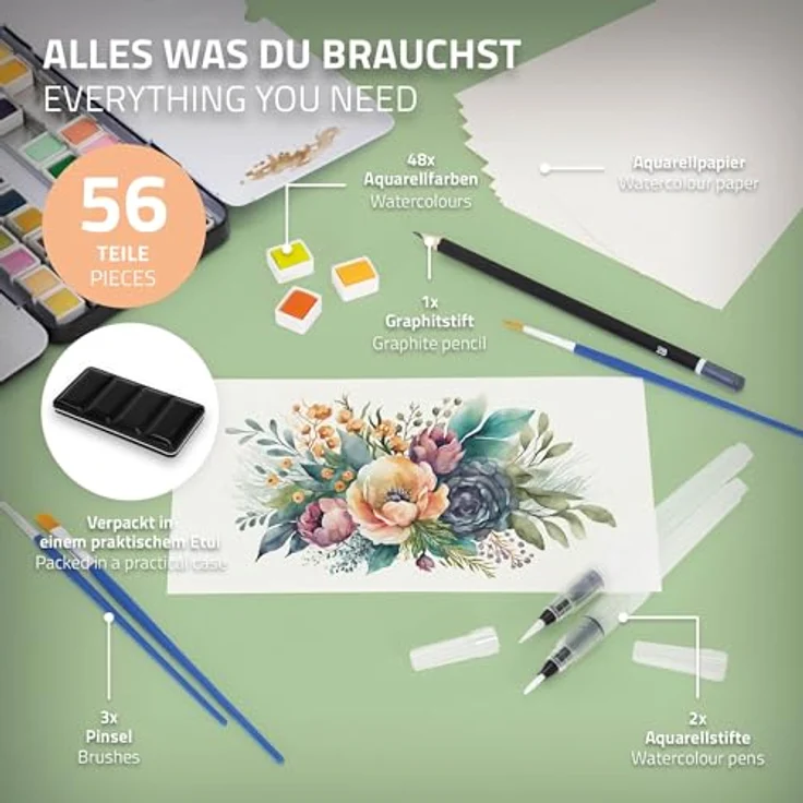 ECD Germany Kreativset Malkoffer, 48-tlg Aquarellfarben Set mit 48 Farben, 3 Pinsel, 2 Aquarellstifte und 2B Bleistift, mehrfarbig – Bild 3