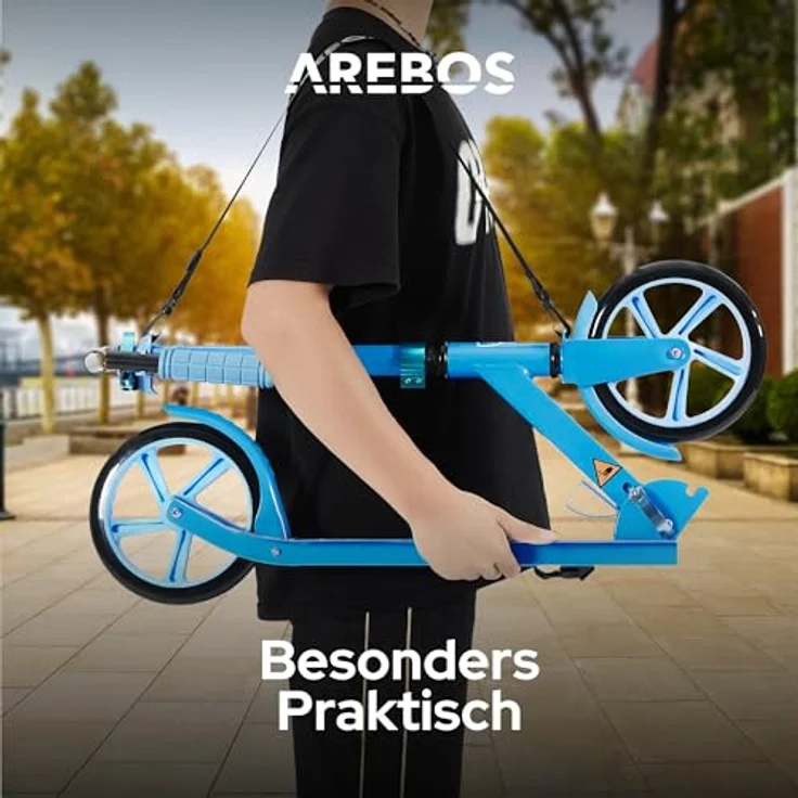 Arebos Tretroller klappbar, höhenverstellbar 78–93 cm, für Kinder ab 6 Jahren, bis 100 kg, blau, mit 200 mm Rädern und Seitenständer – Bild 6