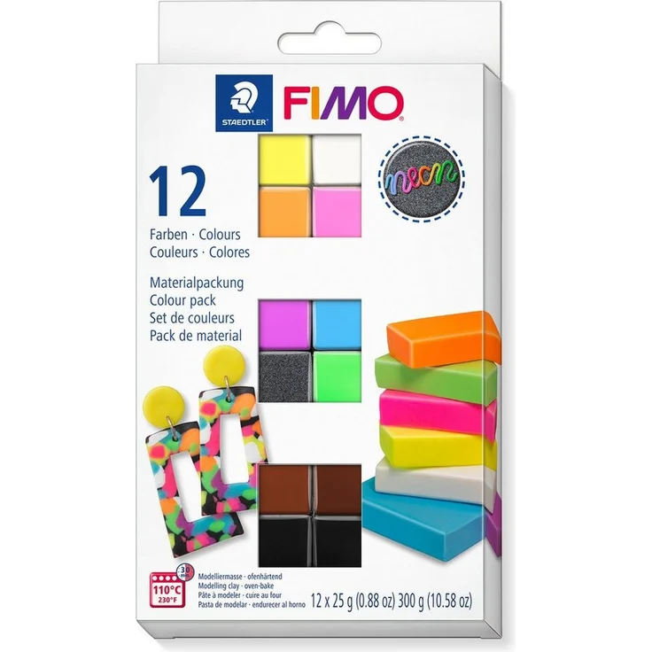 STAEDTLER Modelliermasse FIMO soft Materialpackung Effekt Neon, 12 Stück á 25 g - Neonfarben mit tollen Nachtlichteffekt