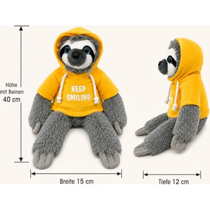 SOMA Faultier Kuscheltier XXL 40 cm grau, Plüschtier mit "Keep Smiling" Pullover in gelb, ideal als Geschenk für Kinder und Erwachsene – Bild 3