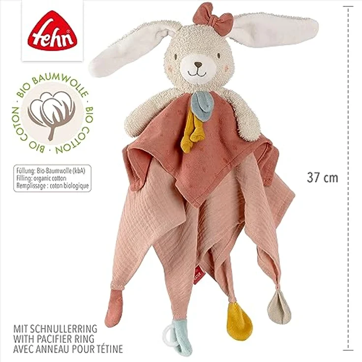 Fehn Schmusetuch Hase fehnNATUR - Spielkamerad & Stofftier-Schnuffeltuch mit Baumwolle aus kontrolliert biologischem Anbau (kbA) mit Schnuller-Befestigung - für Babys & Kleinkinder ab 0+ Monaten – Bild 5