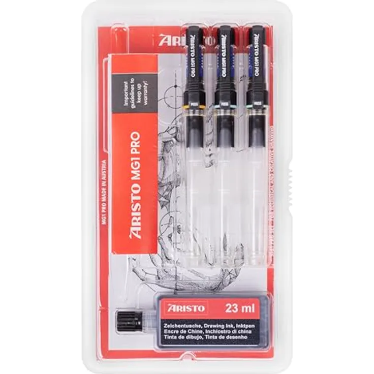 Aristo Tuschefüller Kassette 3ST Set, 3 Strichstärken (0.35mm, 0.50mm, 0.70mm), mit 23ml Nachfülltusche, Schwarz, Klarsicht-Etui
