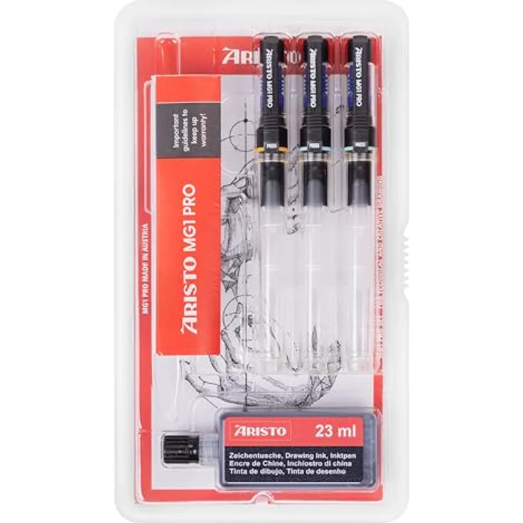 Aristo Tuschefüller Kassette 3ST Set, 3 Strichstärken (0.35mm, 0.50mm, 0.70mm), mit 23ml Nachfülltusche, Schwarz, Klarsicht-Etui – Bild 1