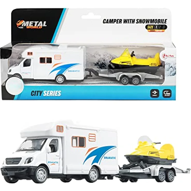Toi-Toys Metal Pull Back Camper mit Anhänger und Snowmobile, geeignet für Kinder ab 3 Jahren