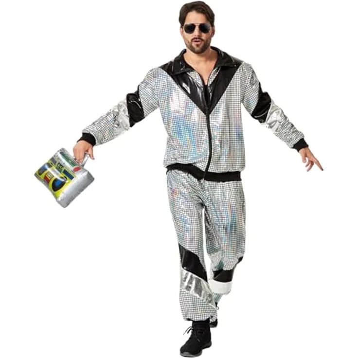 dressforfun Jogginganzug Herren Set, silberne Faschingskostüme im 80er Disco-Look, XXL, hoher Komfort, pflegeleicht, ideal für Karneval und Gruppen-Events