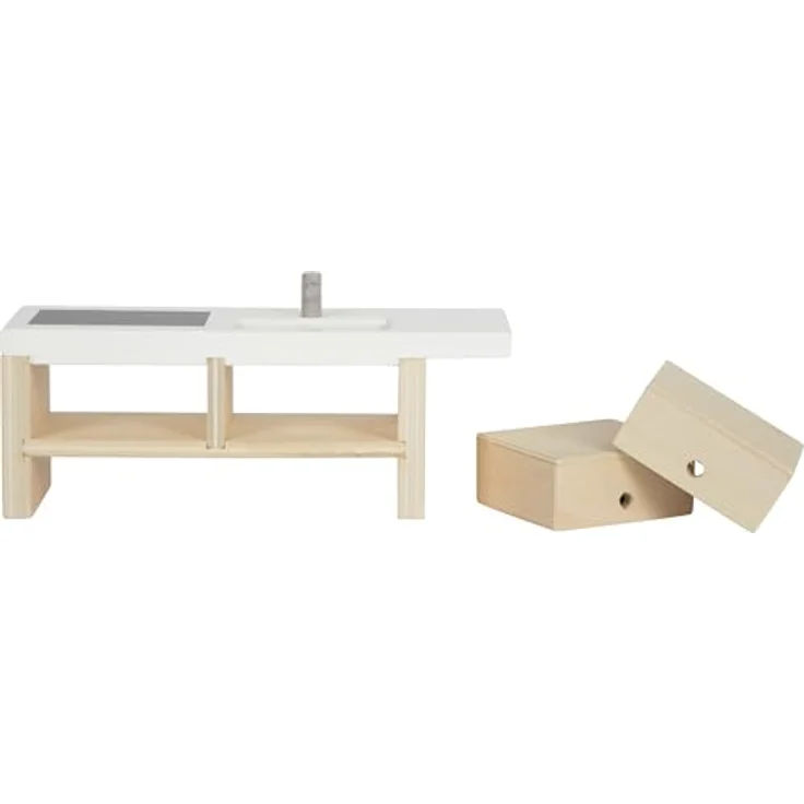 Small Foot Puppenhausmöbel Küche, 11tlg. Puppenhausküchen-Set mit Hochschrank, Kücheninsel und Sitzgruppe, Naturholz mit modernen Akzenten – Bild 5