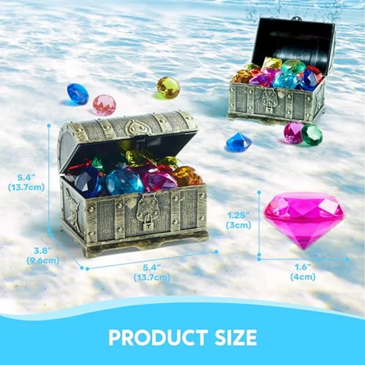Sloosh Tauch-Edelsteine, Pool-Spielzeug mit 16 großen bunten Diamanten und Piraten-Schatztruhe, Schwimmtraining, Geschenk, Wasserpool-Spiele (Gold) – Bild 3