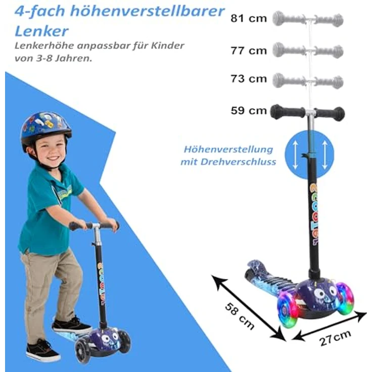 Habib Gruppe Kinderroller 3-Räder, Kinderscooter für Jungen & Mädchen 3-8 Jahre, Höhenverstellbar, rutschfest, mit LED-Rädern, Max. 50 KG – Bild 3