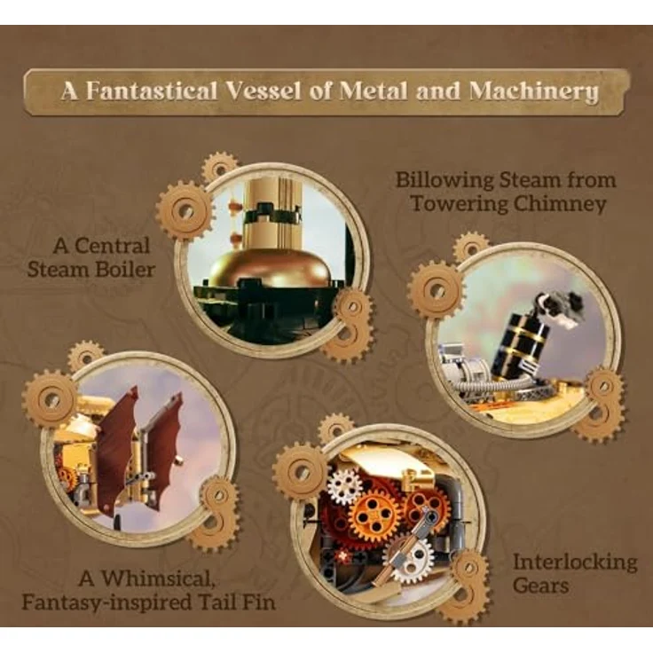 Pantasy Steampunk Airship, Modell mit 1949 Klemmbausteinen, Doppelschicht-Design und fünf Minifiguren – Bild 7