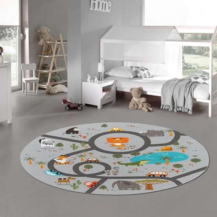 Teppich-Traum Runder Kinderteppich grau, rutschfest, Spielteppich mit Safari-Motiv für Kinderzimmer, 160 cm – Bild 1