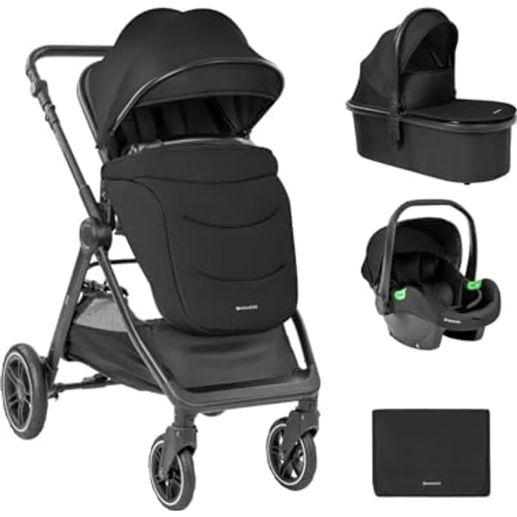 Kikka Boo Kombikinderwagen Ava 3 in 1, schwarz, mit Babywanne, Babyschale, Gummirädern, ab Geburt bis 22 kg, klappbare Sitzeinheit, 360° drehbare Vorderräder
