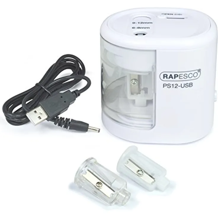 RAPESCO PS12-USB, Elektrischer Anspitzer in Weiß mit Dual-Antrieb und Auto-Stopp-Funktion, geeignet für Stifte 6-12mm