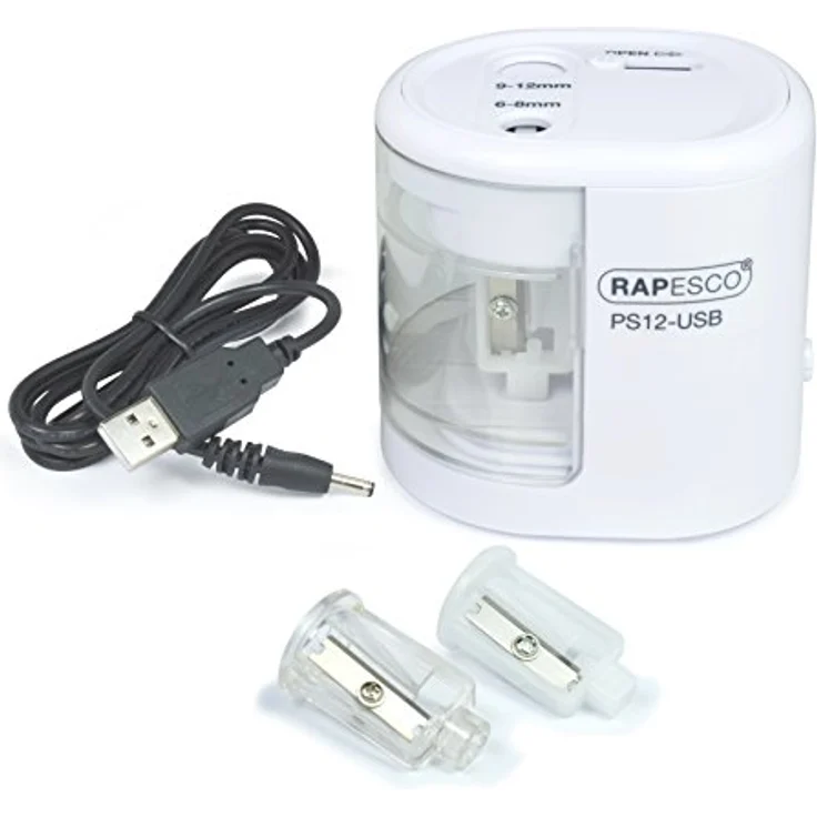 RAPESCO PS12-USB, Elektrischer Anspitzer in Weiß mit Dual-Antrieb und Auto-Stopp-Funktion, geeignet für Stifte 6-12mm – Bild 1