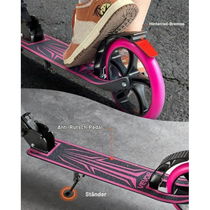 VEVOR Scooter für Kinder ab 8 Jahren, pink, höhenverstellbarer Lenker, rutschfestes Deck, leicht und faltbar, Belastbarkeit bis 100 kg, 8-Zoll-Stoßdämpferräder – Bild 5