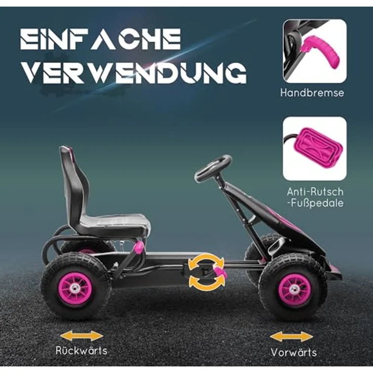 HOMCOM Go-Kart Kinderfahrzeug mit verstellbarem Sitz, Tretfahrzeug, Handbremse, für 5-12 Jahre Kinder, Rosa, Schwarz – Bild 5