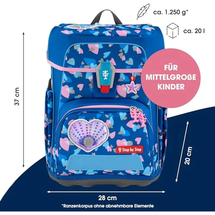 Step by Step CLOUD REFLECT Schulranzen-Set „Seashell Pearl“, 5-teilig, ergonomischer Tornister mit Reflektoren, höhenverstellbar, blau-rosa, 19L – Bild 2