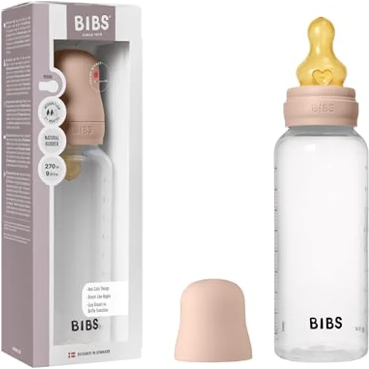 BIBS Babyflasche 270 ml, Naturkautschuk-Sauger, Anti-Kolik, BPA-frei, mittlerer Fluss, leicht zu reinigen, für Neugeborene, Blush