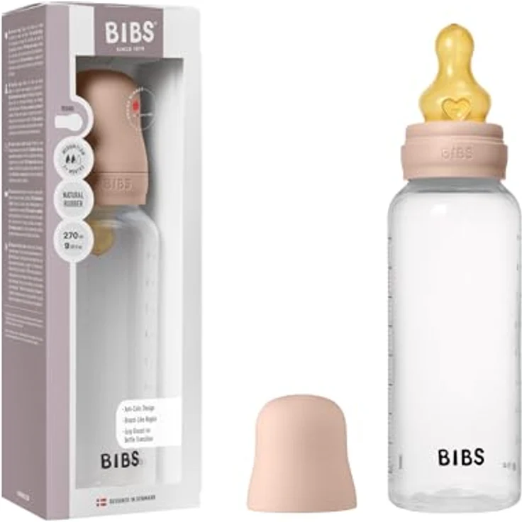 BIBS Babyflasche 270 ml, Naturkautschuk-Sauger, Anti-Kolik, BPA-frei, mittlerer Fluss, leicht zu reinigen, für Neugeborene, Blush – Bild 1