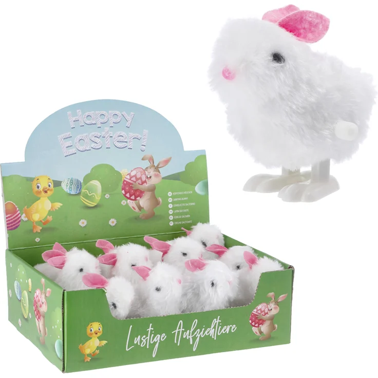 Cepewa JumpingRabbit, Hüpfendes Häschen zum Aufziehen, 12er Set Display, weiß und rosa, Plüschspielzeug für Osterdekoration, 5x8x7cm