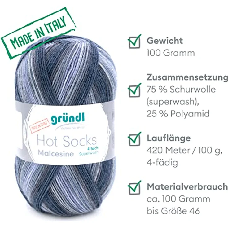 Gründl Hot Socks Malcesine (Sockenwolle aus 75% Schurwolle (superwash) und 25% Polyamid, Made in Italy, 4-fach Sockengarn, 100 g / 420 m, Nadelstärke: 2,5 mm - 3 mm, 1 x 100 g), graphit multicolor – Bild 2