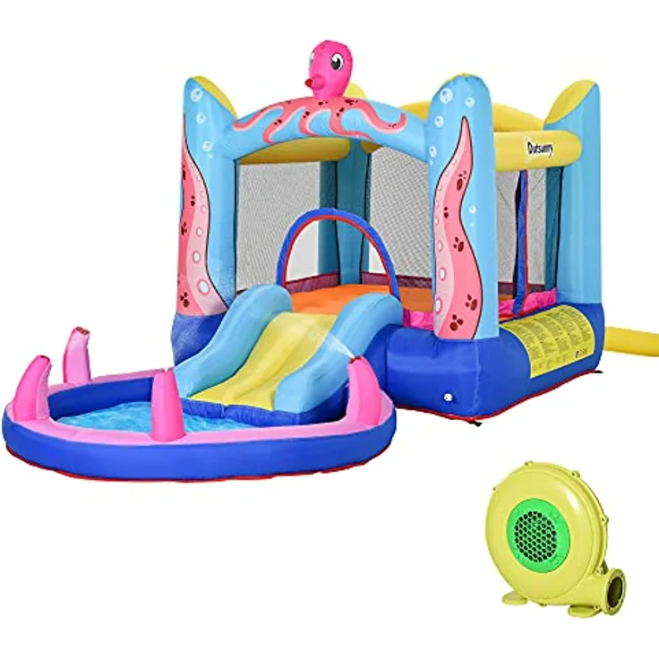 Outsunny Hüpfburg, aufblasbare Spielburg mit Rutsche und Gebläse, Mehrfarbig, 360 x 175 x 180 cm, für Außenbereich, Oktopus-Design, bis zu 3 Kinder, inkl. Zubehör.