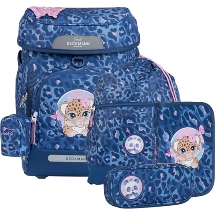 Beckmann Plus Air Schulranzen-Set 6-TLG. Cheetah, atmungsaktiver Ranzen mit wendbarer Vordertasche, inklusive Brustgurt und Sporttasche