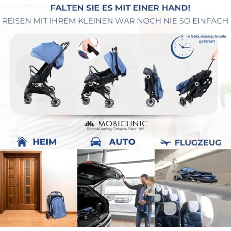 Mobiclinic® Kids, Trip Kinderwagen, Ultra-kompakt, 5-Punkt-Gurt, Lenker, Korb, Europäische Marke, 0-36 Monate, voll verstellbar, Einzelgriff, klappbare Haube, feststellbare Bremsen, 360º Räder – Bild 3