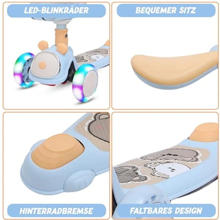 Habib Gruppe Kinderroller Tretroller 3-in-1 Faltbarer Scooter mit abnehmbarem Sitz, höhenverstellbar, LED-Rädern, für Kinder (1-12 Jahre), blau – Bild 2