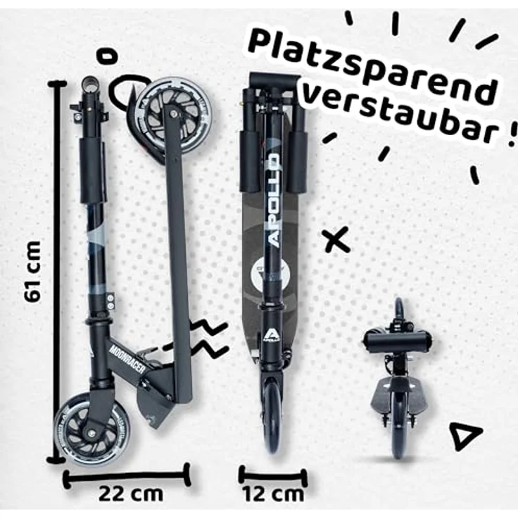 Apollo 125mm Scooter Moonracer - Klappbarer Kinderroller mit LED Wheels, schwarz – Bild 4