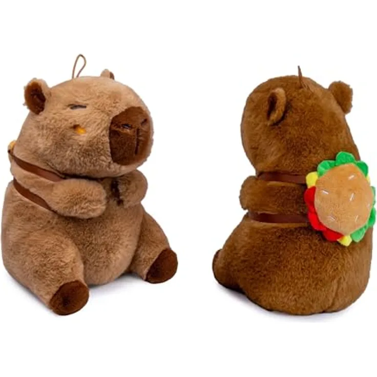 Soma Capybara Kuscheltier, braune Plüschfigur mit 20 cm Größe und Snackrucksack (Burger)