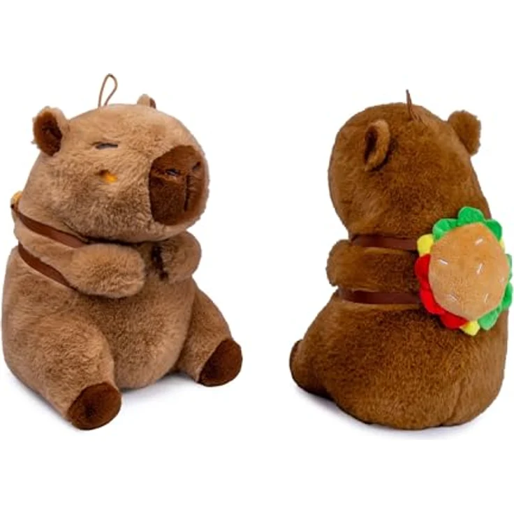 Soma Capybara Kuscheltier, braune Plüschfigur mit 20 cm Größe und Snackrucksack (Burger) – Bild 1